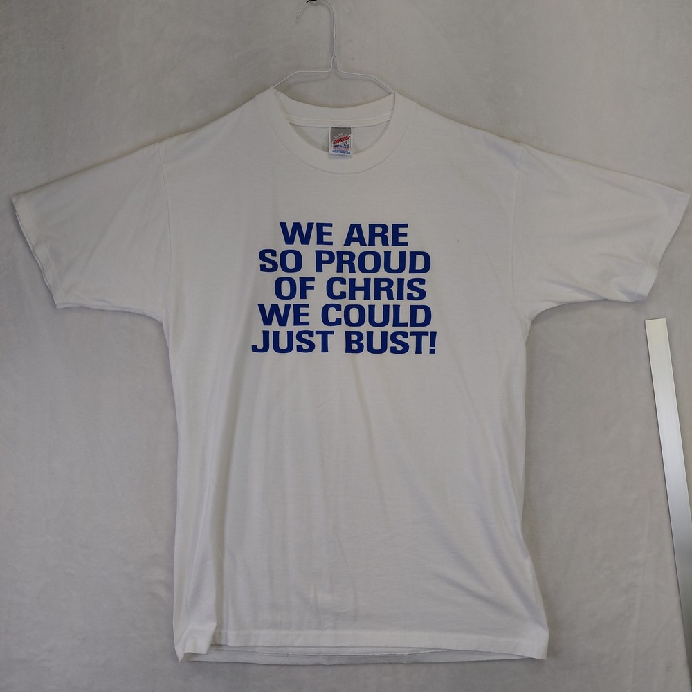 Vintage Jerzees Chris We Could Just Bust Graphic T-Shirt White Mens Large USA